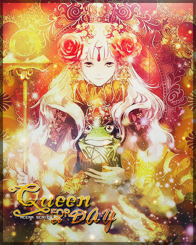 Ornate anime queen GFX with frog companion, golden sparkle style