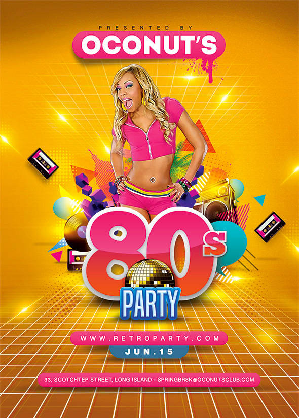 Neon 80s disco party flyer with retro vibes