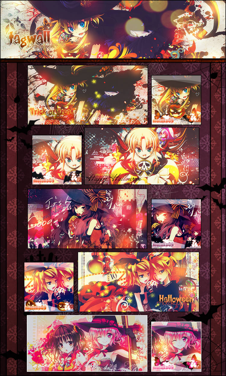 Halloween anime tagwall collage with witches and pumpkins