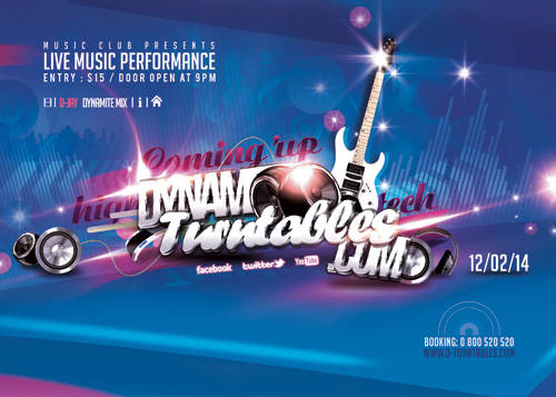 Slick music event flyer with guitar and turntables graphics