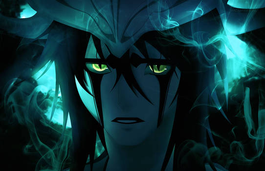 Glowing green-eyed anime character emerges from ethereal smoke