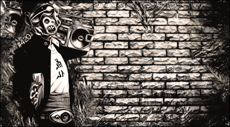 Gas-masked boombox character graffiti art against brick wall