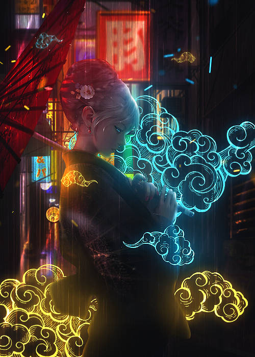 Neon geisha in rain, glowing cloud tattoos aglow