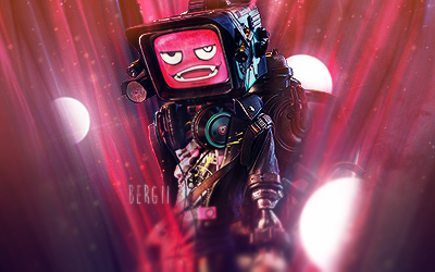 Angry retro TV-head robot glows under pink stage lights