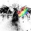 Grunge eagle splashed with rainbow paint burst