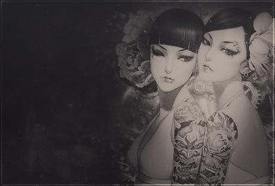 Two inked geisha portraits in moody grayscale forum art