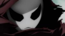 Eerie masked character art in shadowy red tones