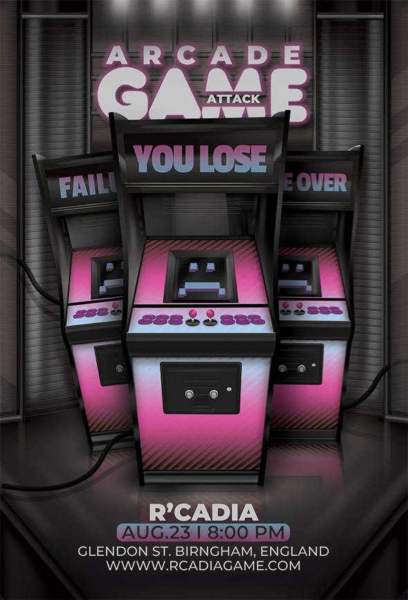 Retro arcade cabinets glow pink with 'You Lose' screens