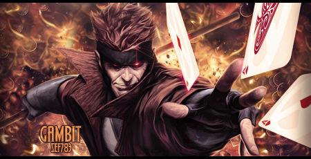 Gambit signature art, cards flying through fiery background