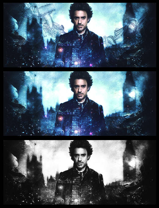 Sherlock Holmes GFX signature, moody blue London skyline