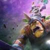 Fantasy warrior art glowing beneath a cosmic purple sky
