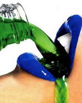 Blue lips pouring green liquid, striking abstract GFX art