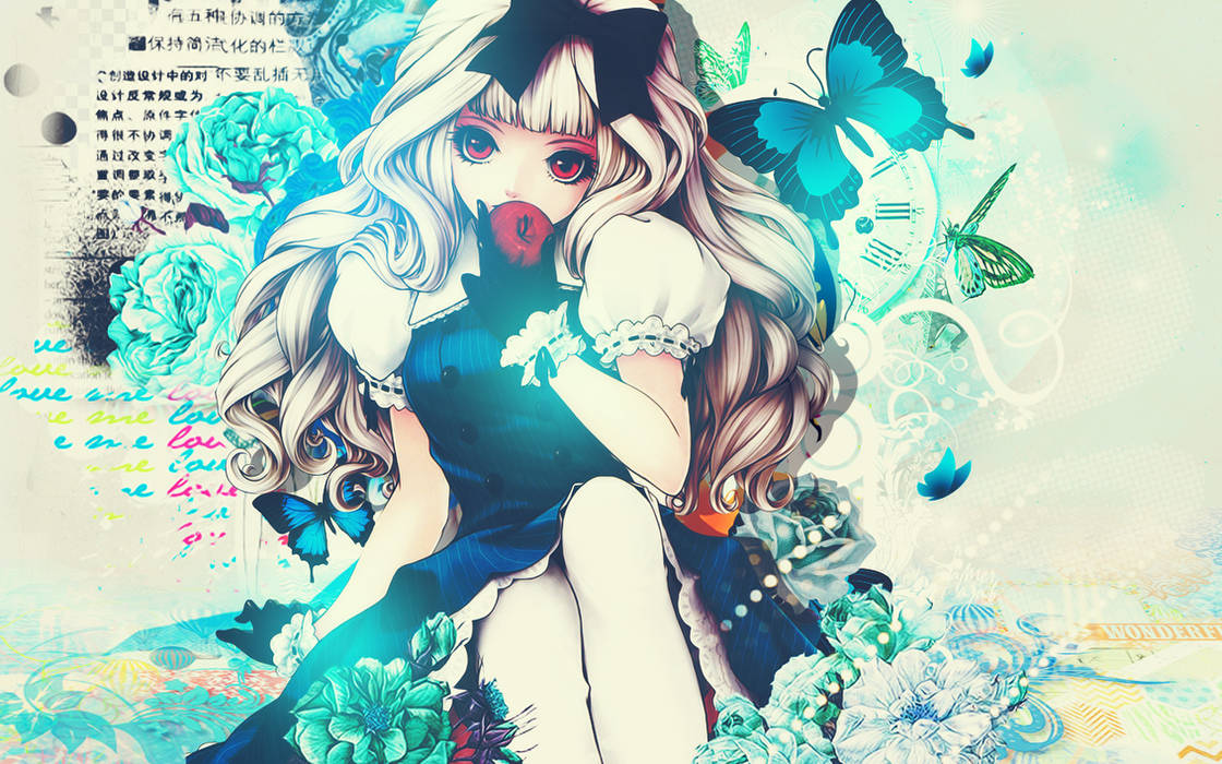 Alice in Wonderland anime GFX with butterflies and roses