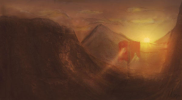 Sunset over mountains with mysterious glowing doorway