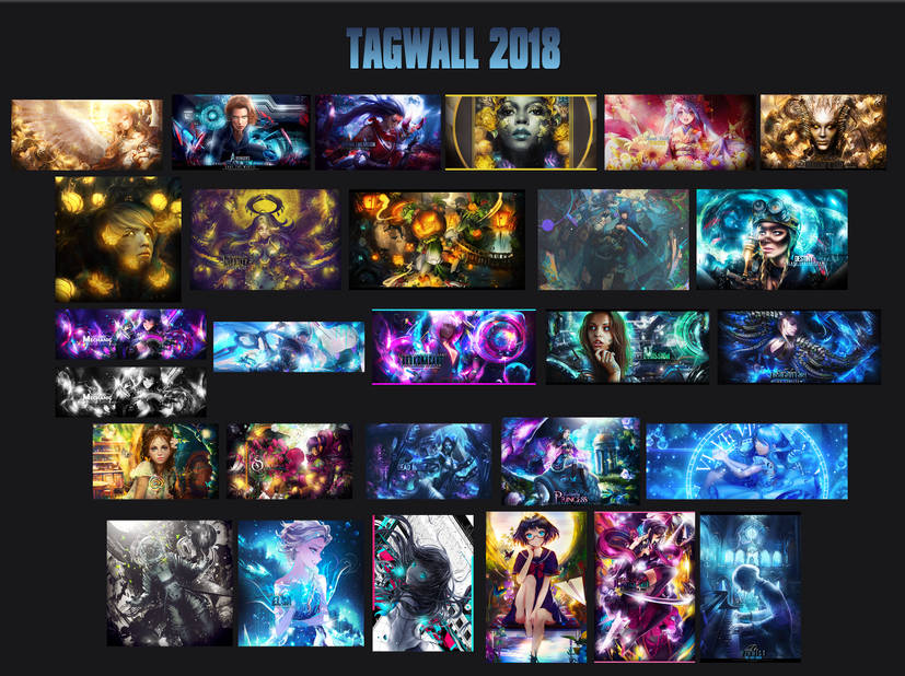 A vibrant collage of digital art signatures from 2018