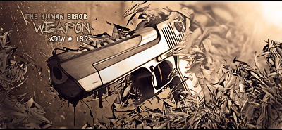 Gritty pistol GFX signature with scattered leaves and smoke