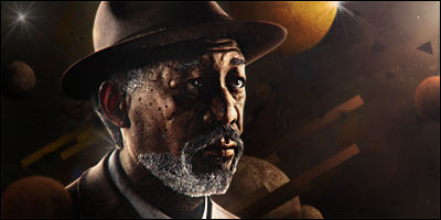 Portrait of a weathered man against a cosmic backdrop