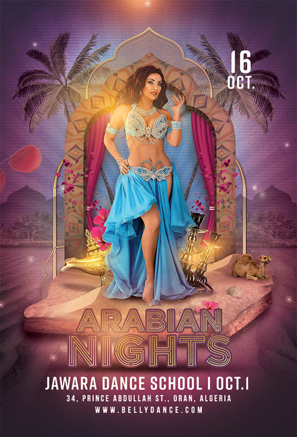 Belly dancer promo art for an Arabian Nights event flyer