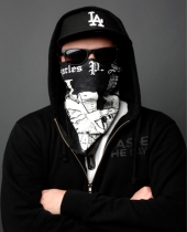 Bandana-masked figure in LA cap, forum avatar vibes