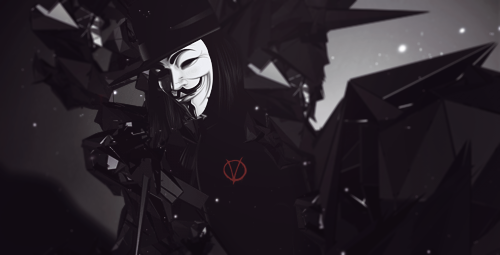 V for Vendetta mask GFX, moody geometric shard art