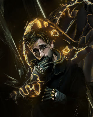 Electric-eyed figure emerging from digital shadows and lightning