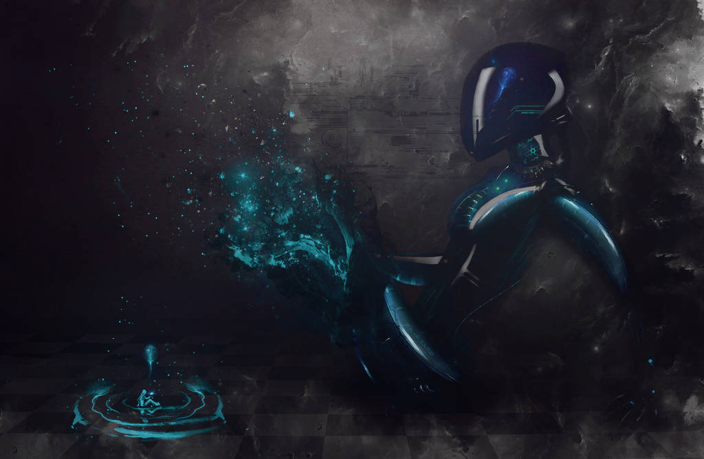 Glowing cyber-warrior gazes into a shimmering digital pool