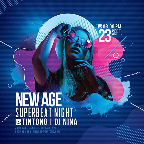 Neon party flyer with DJ vibes and 2010s design