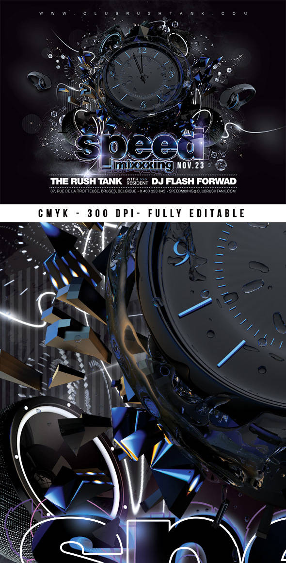 Sleek dark club flyer design with shattered clock motif