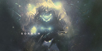 Armored figure emerging from cosmic dust, tagged 'Sorrow'