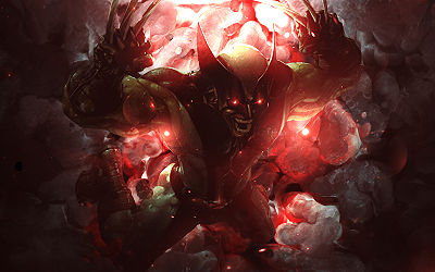 Fiery demon warrior emerging from glowing red mist