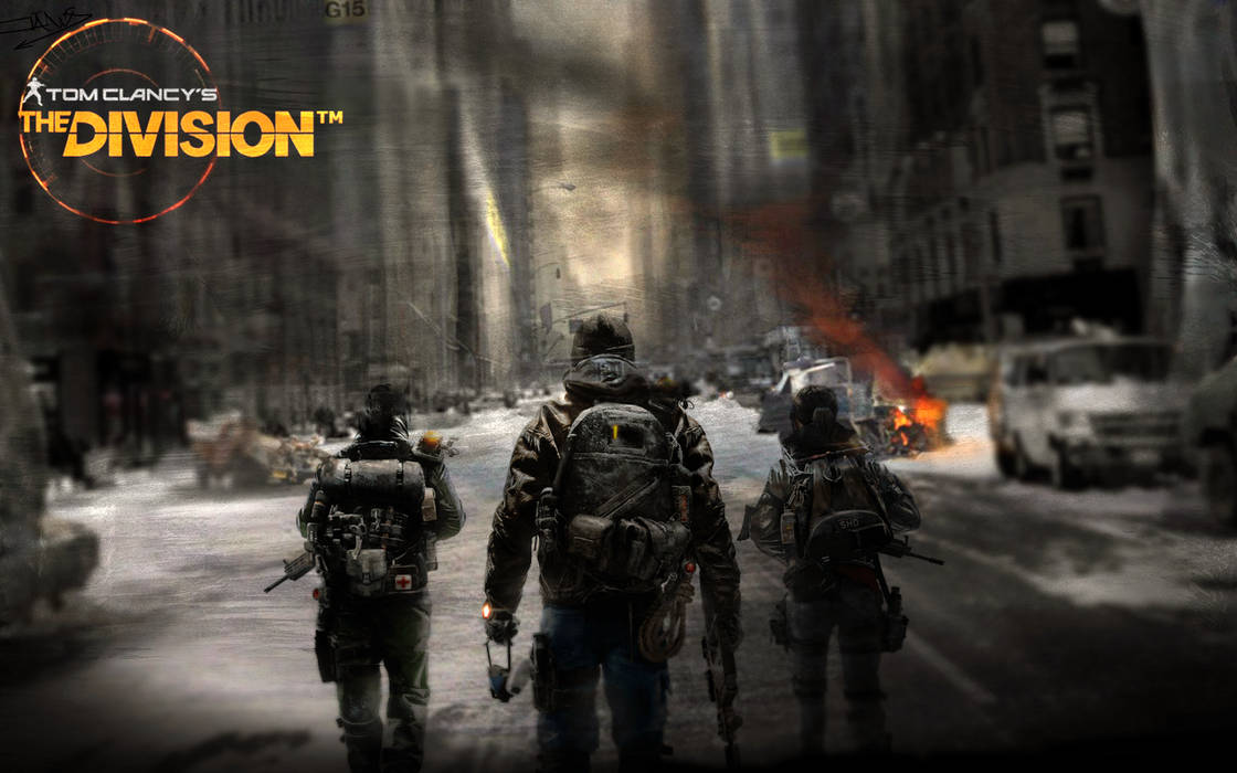Squad walking through a snowy, burning cityscape
