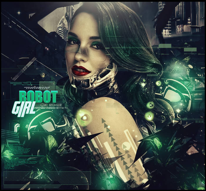 Cyberpunk robot girl GFX signature with neon green accents