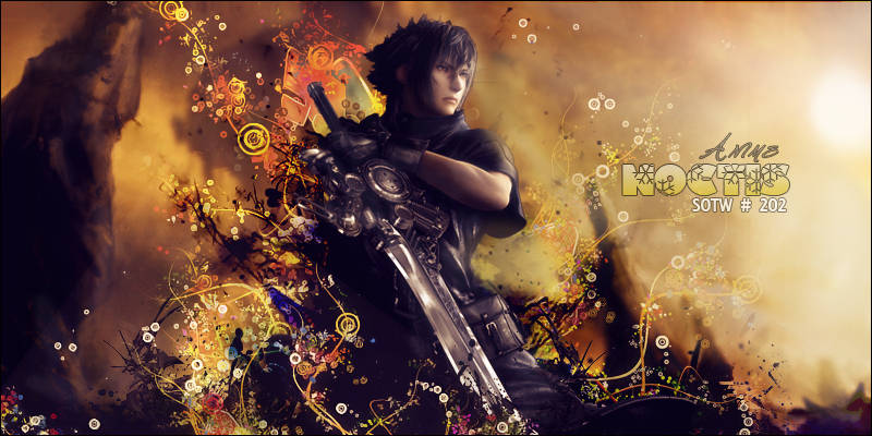 Noctis signature art with fiery abstract splatter design