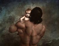 Muscular figure carrying a child, artistic photo