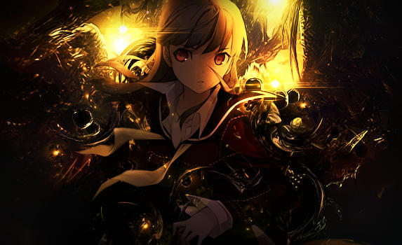 Golden-lit anime GFX portrait glowing with fiery ambiance