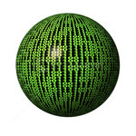 Matrix-style digital sphere avatar, green binary code glow