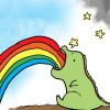 Cartoon dragon breathing a rainbow at starry sky