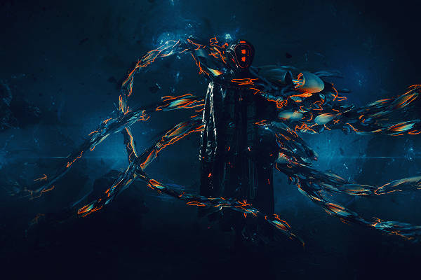 Cloaked figure wrapped in glowing neon energy streams