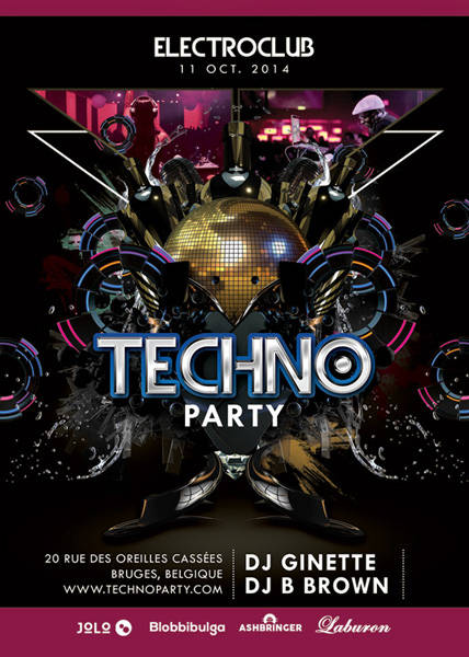 Sleek techno party flyer with glowing disco ball design