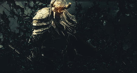 Armored warrior emerges from shadowy forest, digital art signature