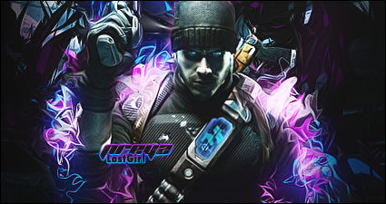 Neon-drenched soldier signature with electric purple effects