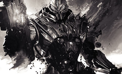 Battle-worn armored warrior rendered in gritty monochrome