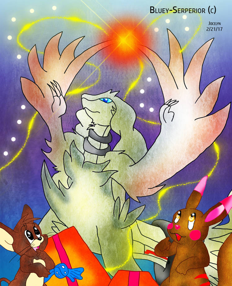 Serperior fan art radiates cosmic energy above cartoon onlookers
