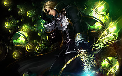 Glowing green energy swirls around a mystical warrior