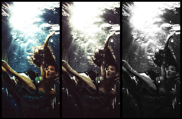 Underwater triptych GFX — light, bubbles, and dramatic pose