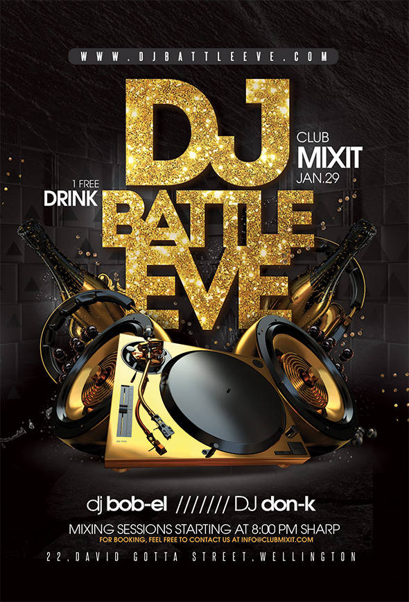 Gold glitter DJ battle flyer with turntable art
