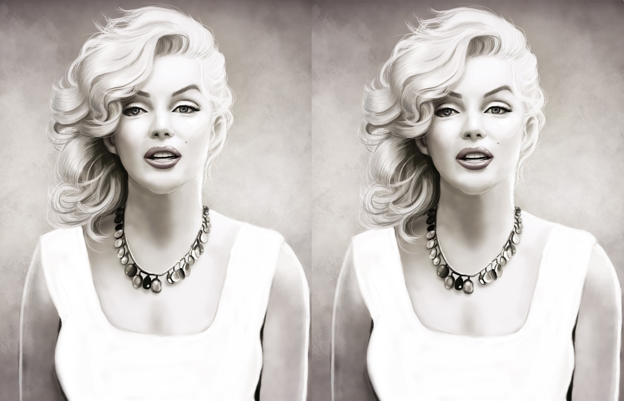 Digital art portrait of Marilyn Monroe, duplicated side by side