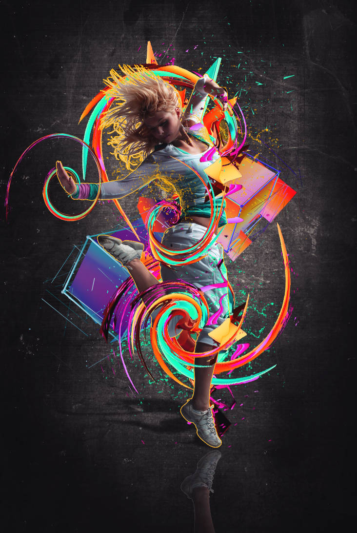 Explosive dancer GFX with neon swirls and shattered cubes
