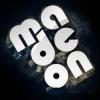 Retro chrome 'maddon' logo glowing in the dark
