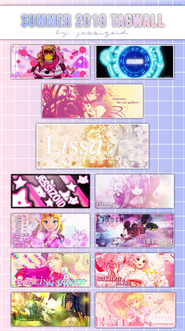 Colorful anime GFX tagwall showcasing signature banner art collection